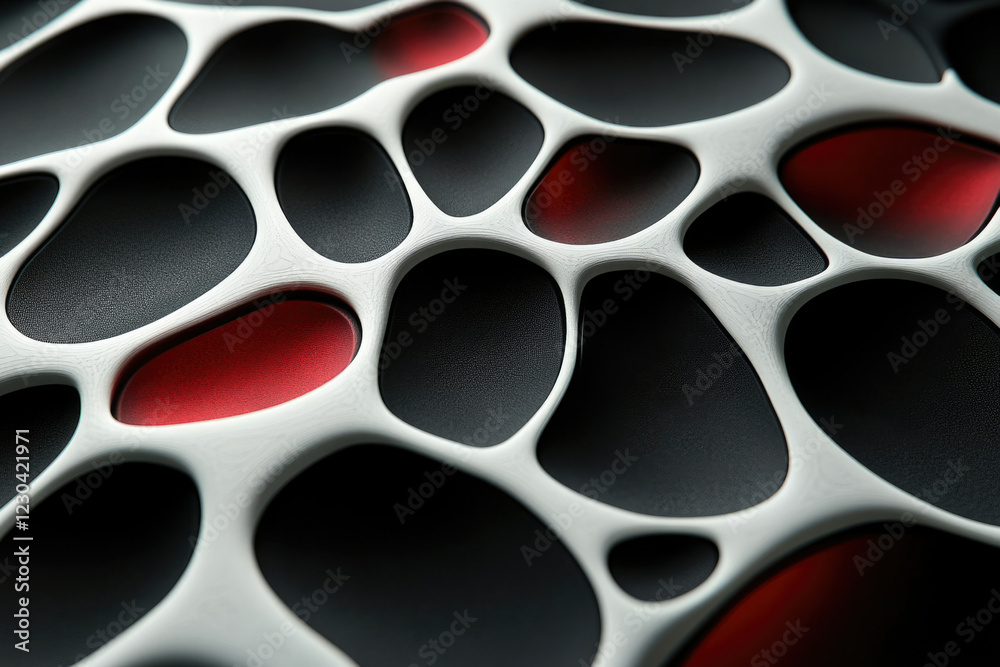 Poster abstract 3d render of interconnected organic shapes with white veins and dark red accents.