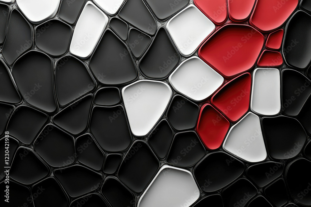 Poster Abstract background with black, white, and red irregular shapes, creating a mosaic-like pattern.