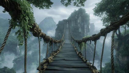 Fototapeta premium Mystic Jungle Bridge: A Journey Through Misty Mountains