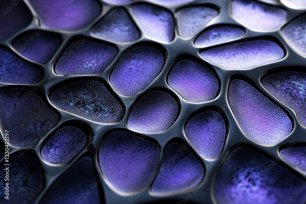 Poster Abstract image of a textured surface with dark, shiny crevices separating purple, glossy shapes.