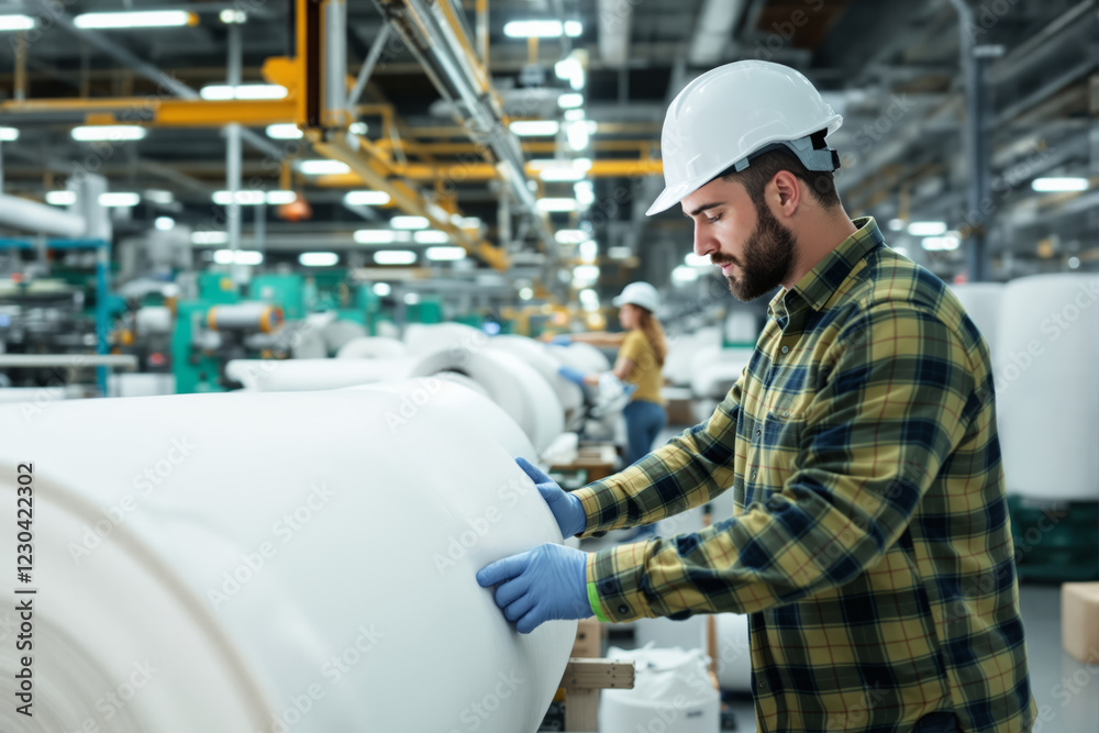 Aufkleber worker inspecting material rolls in a factory setting.