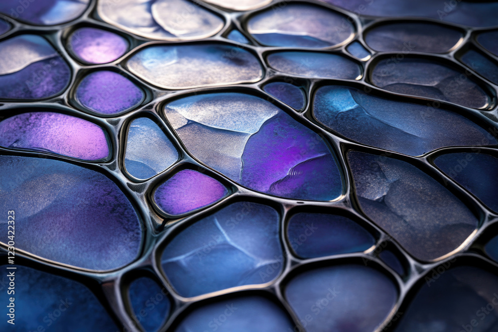 Poster abstract close-up of a mesmerizing, iridescent, organic-like pattern with dark metallic veins.