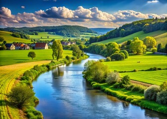 Obraz premium Serene Fleuth River, Issum, German Countryside: Picturesque Landscape Photography