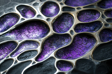 Abstract art piece featuring a metallic framework with purple, crackle-filled cells.