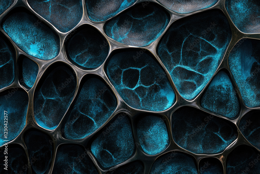 Poster abstract dark metallic structure with teal-blue infill, resembling a complex network or honeycomb.