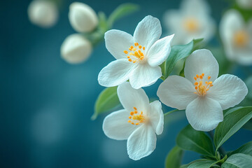 Obraz premium Delicate White Blossoms on Green Branch Against Teal