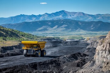 Large mining truck operates in an expansive coal pit surrounded by mountains under a clear blue sky