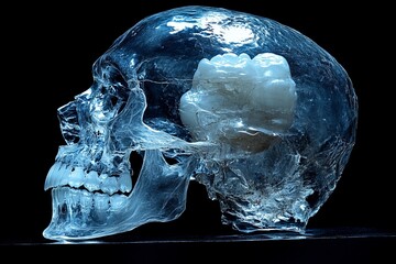 Transparent skull showcasing intricate details of the human brain structure illuminated against a dark background