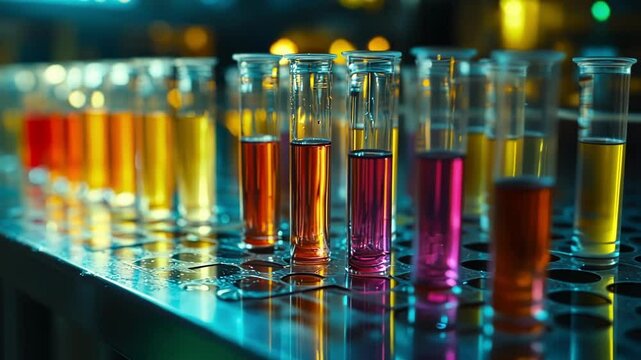 Test tubes containing colorful liquid materials lined up on a counter awaiting experimental analysis for a new line of biodegradable products.