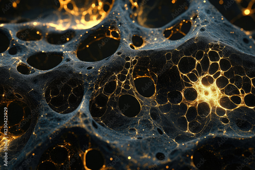 Aufkleber abstract dark textured surface with glowing golden network, resembling a complex neural network or p