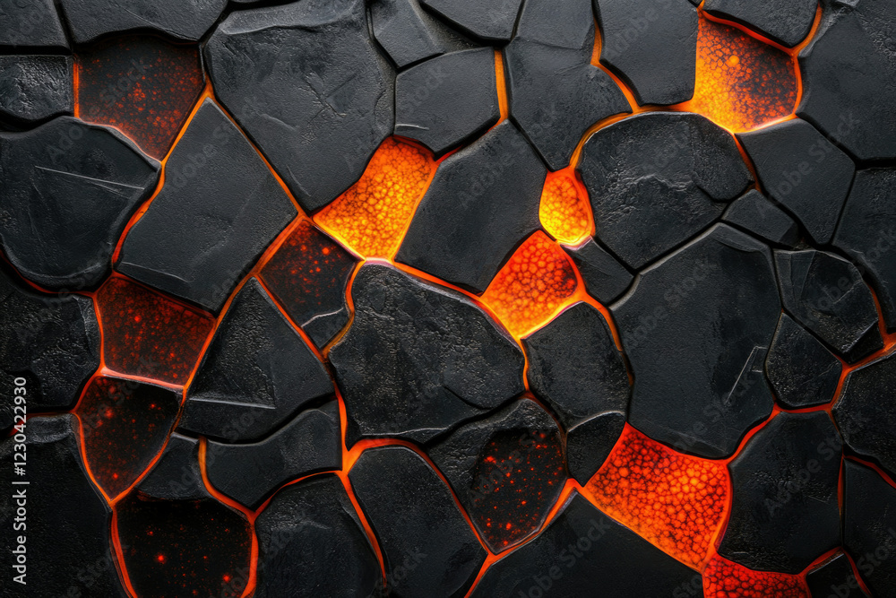 Poster glowing lava flows through cracks in dark, volcanic rock, creating a fiery, textured surface.