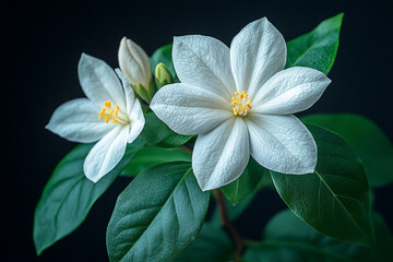 Fototapeta premium Two Delicate White Flowers Bloom Amidst Lush Green Leaves