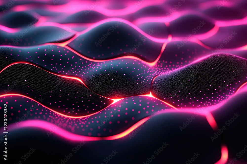 Aufkleber abstract wavy surface with glowing pink lines and dark background, digital art, 3d rendering.