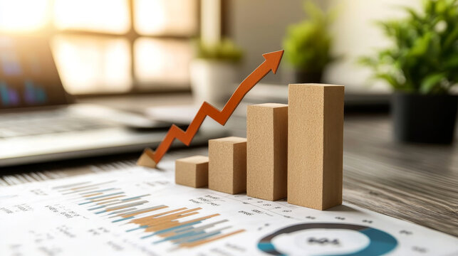 In a contemporary office space, a bar graph rises against a backdrop of financial charts and greenery. The atmosphere highlights strategic growth and business development