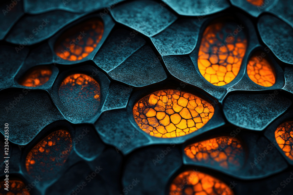 Poster abstract close-up of a dark, textured surface with glowing orange, cracked patterns within its crevi