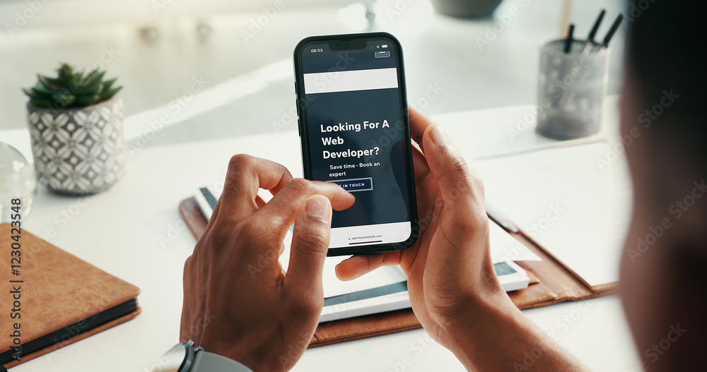 Poster Web developer, hands and phone screen with website in office for recruitment launch or check user experience. Professional, person or scrolling hiring app for design layout review or performance test