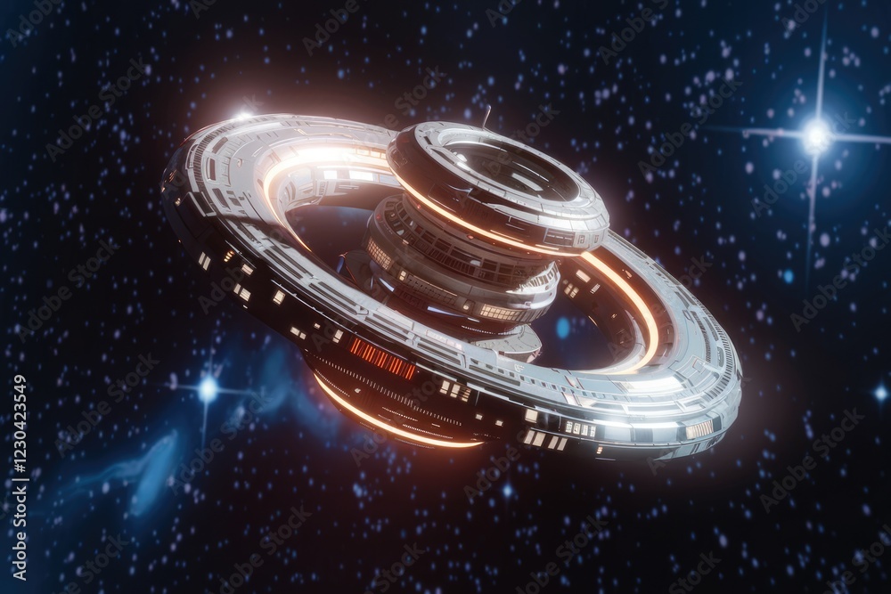 Poster futuristic spaceship orbiting in a starlit galaxy, showcasing intricate details and glowing lights.