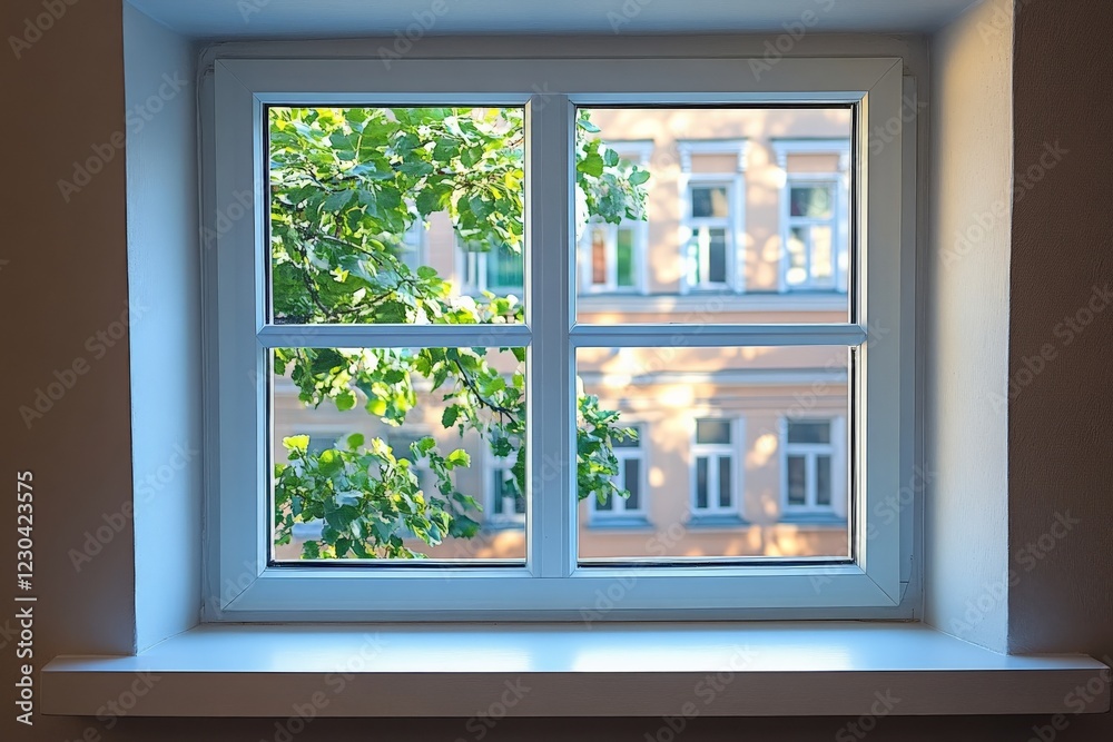 Poster bright sunlight streams through a window framing lush green leaves and elegant architecture outside