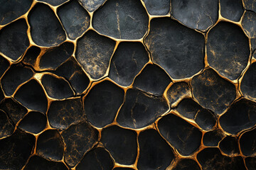 Abstract black and gold textured surface resembling cracked stone or lava with intricate details.