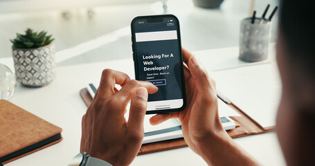 Web developer, hands and phone screen with website in office for recruitment launch or check user experience. Professional, person or scrolling hiring app for design layout review or performance test