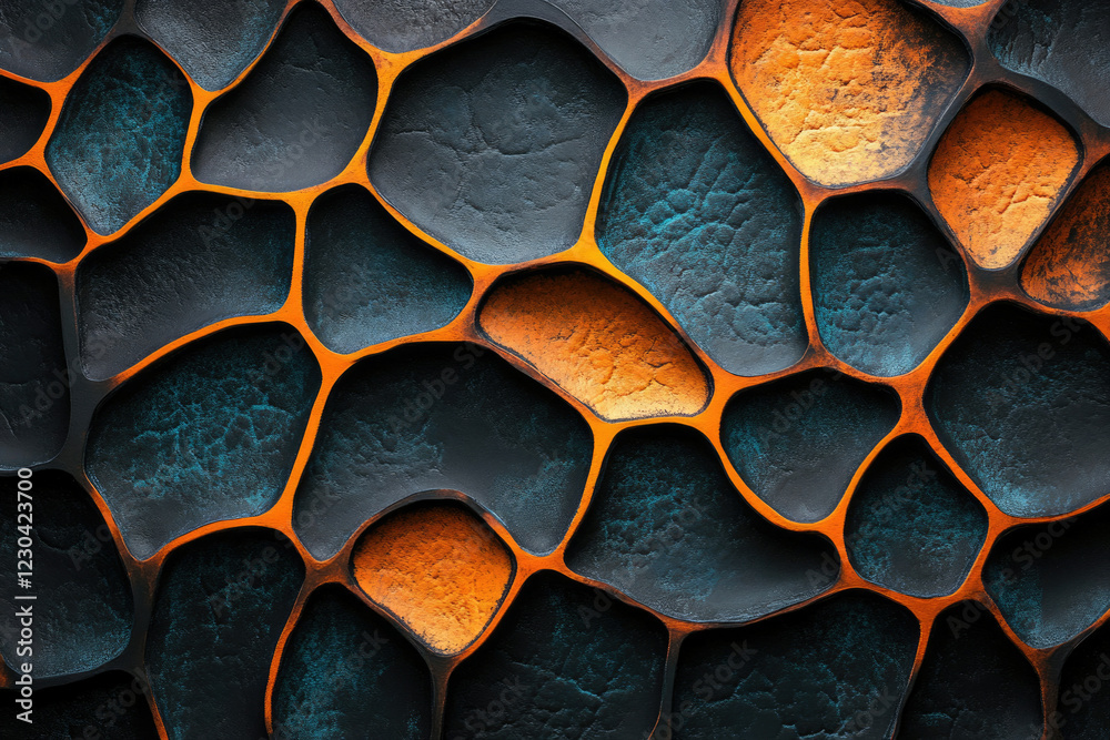 Aufkleber Abstract dark and orange textured background with irregular organic shapes and intricate network pattern.