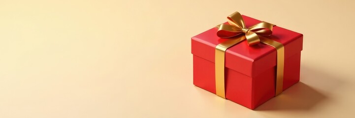 Obraz premium Luxurious gift wrapped in red paper with a shiny gold ribbon against a soft beige background with shadows, beige, rich