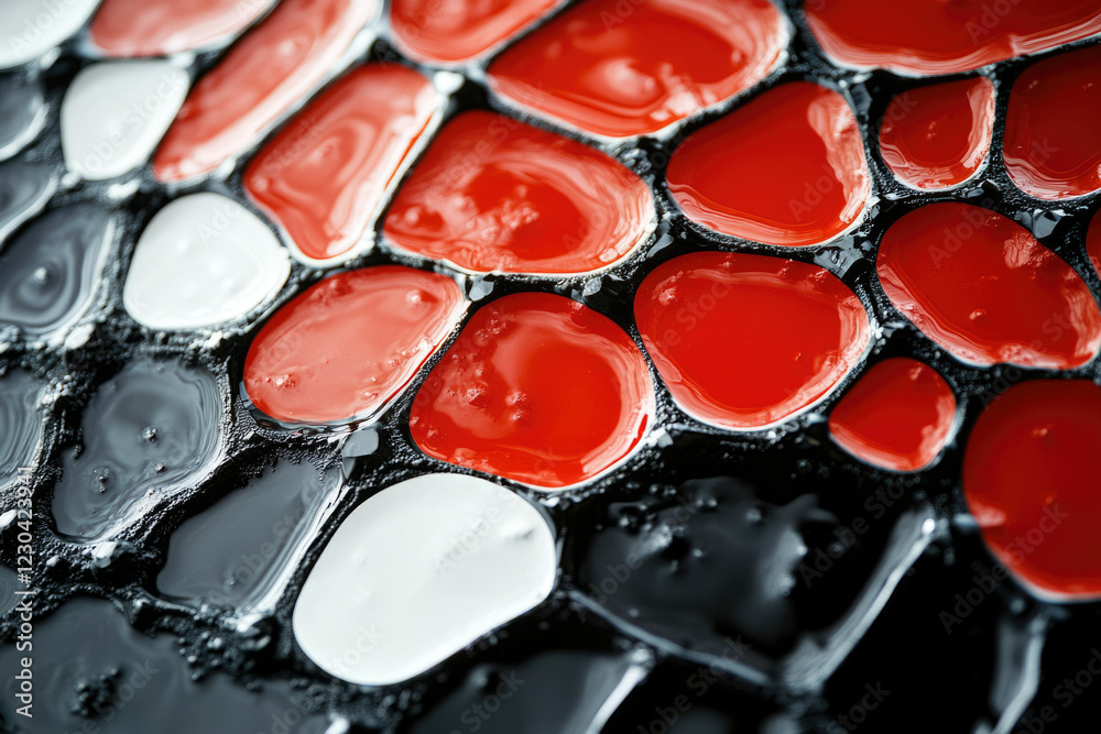 Poster abstract image of red, white, and black paint in a textured, irregular pattern.