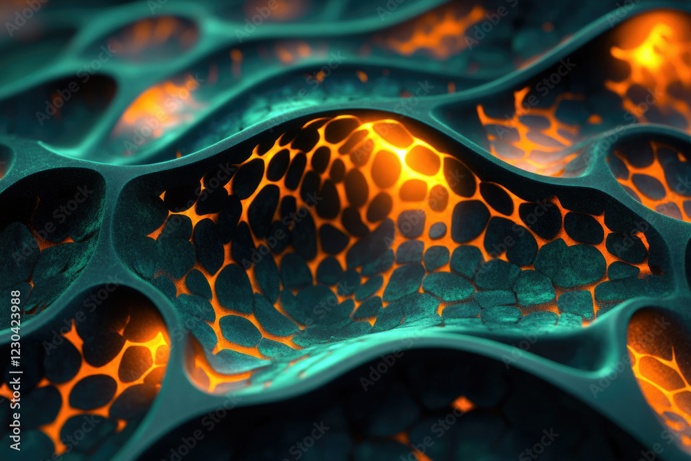 Fototapete Abstract 3D render of a teal and orange cellular structure, glowing from within.