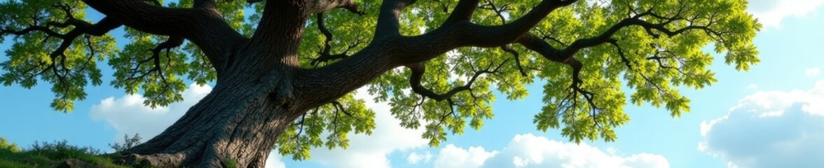 Majestic oak pierces the sky with gnarled branches, leaves, ancient tree, rustic