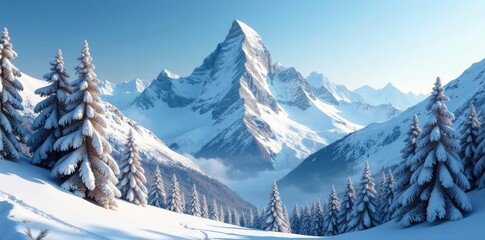 Majestic peak with glaciers and snow-covered trees in the foreground, mountain range, western caucasus, snowy peaks