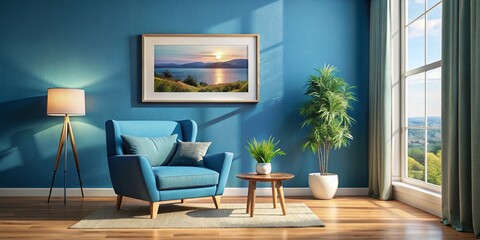 Fototapeta premium Serene Living Room: Blue Wall, Armchair, and Art - Panoramic Stock Photo