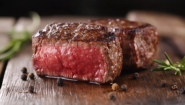 Delicious fried beef meat served on wooden table
