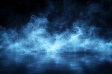 Mysterious blue mist envelops calm water surface at night, creating an ethereal atmosphere