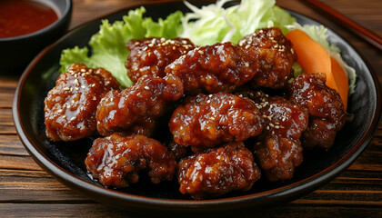 Delicious fried beef meat served on wooden table