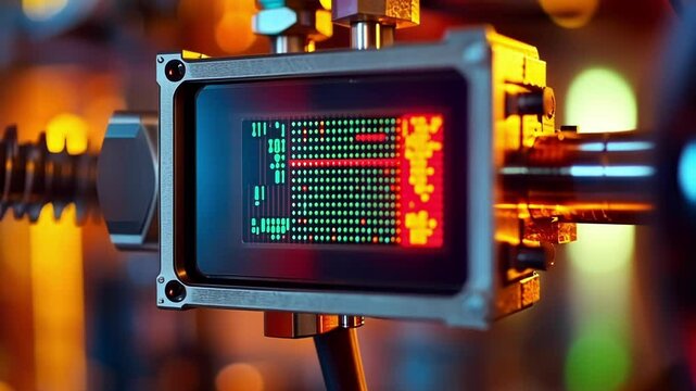 A macro shot of a temperature sensor mounted on a heat exchanger displaying realtime temperature readings on a miniature LED screen.
