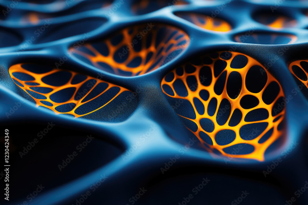 Poster Abstract 3D render of a blue surface with orange glowing network pattern, creating a mesmerizing texture.