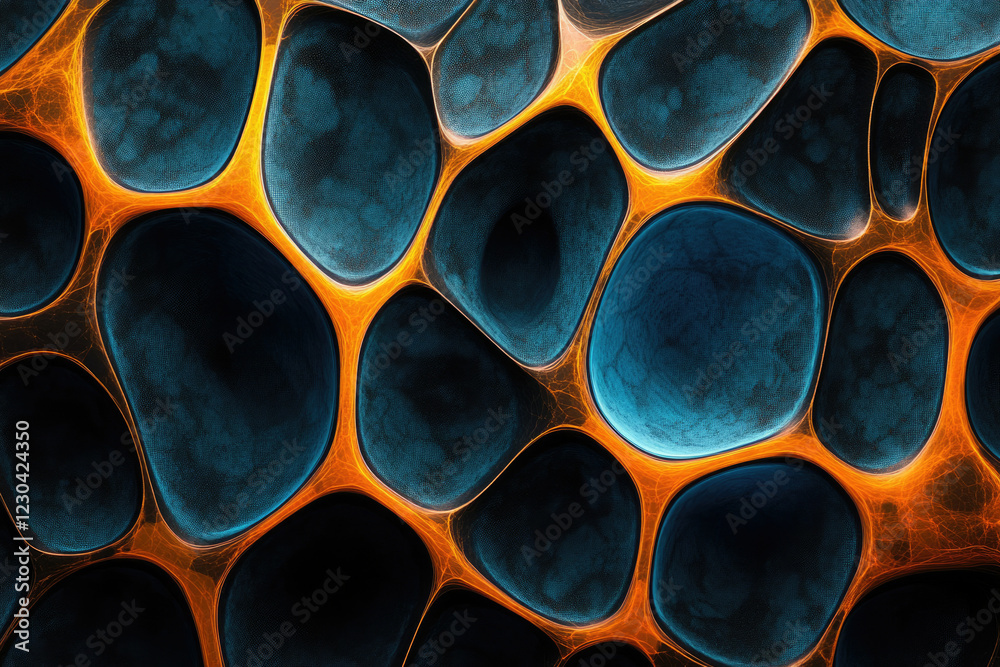 Poster abstract blue and orange organic shapes interconnected, creating a mesmerizing cellular network.