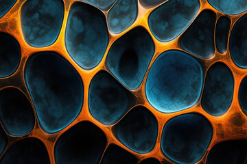 Abstract blue and orange organic shapes interconnected, creating a mesmerizing cellular network.