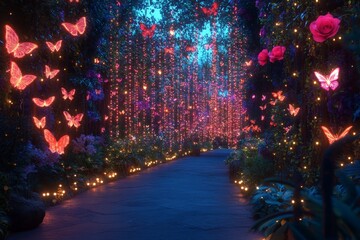 Magical garden path adorned with glowing butterflies and roses during twilight