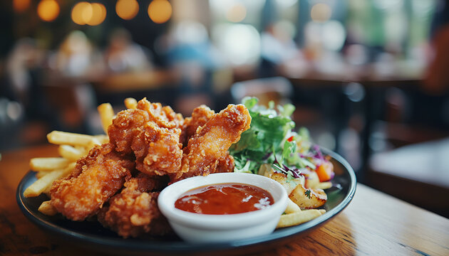 Delicious fried beef meat served on wooden table