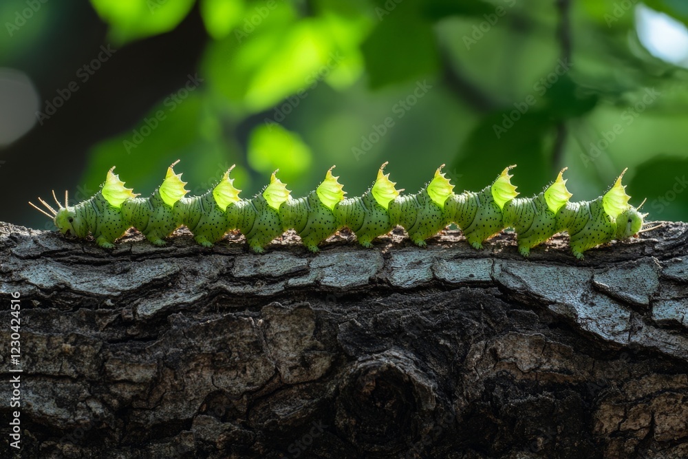 Poster green caterpillar crawling on a tree branch in a lush forest during daylight hours