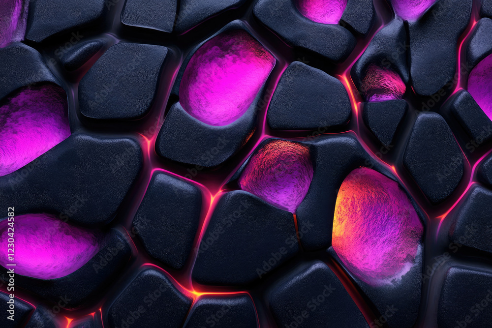 Aufkleber abstract 3d render of a dark, textured surface with glowing pink and orange crevices.