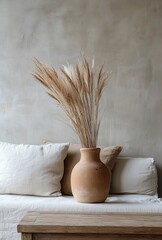 Decorative vase with dried grass placed on a wooden table in a minimalist living room setting