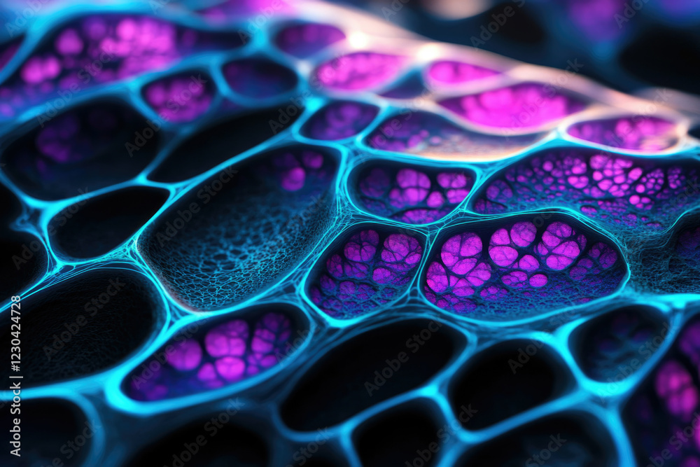 Poster abstract cellular structure with vibrant purple and blue hues, resembling a microscopic network.