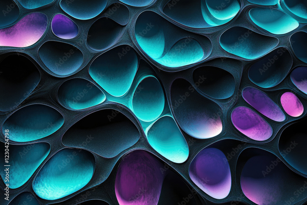 Poster Abstract 3D rendering of interconnected teal and purple organic shapes, creating a visually striking pattern.
