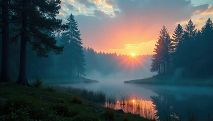 Serene forest at dawn with blue sky and misty atmosphere, serene, nature