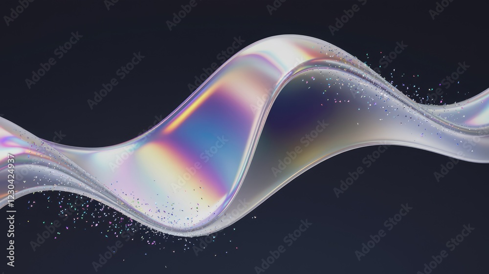 Poster iridescent fluid wave flowing gracefully on a dark background, shimmering with light.