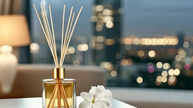 A calming aroma diffuser sits elegantly on a table with a flower, overlooking a vibrant city skyline during twilight hours