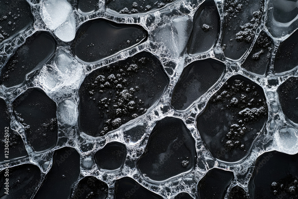Poster Abstract monochrome image of ice forming a network of irregular shapes on a dark background.