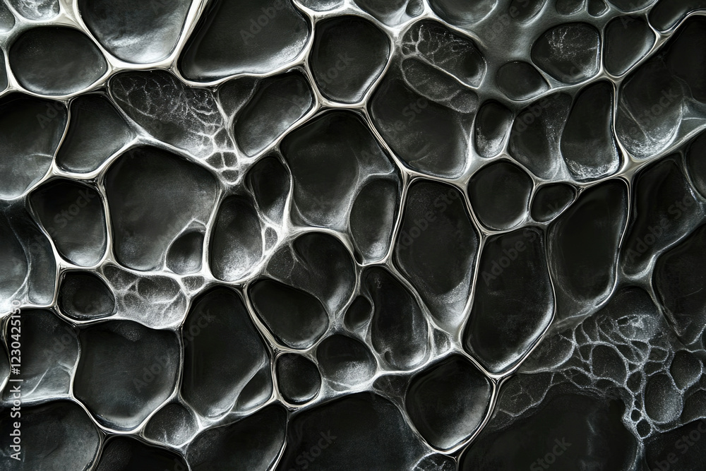 Poster abstract black and silver textured surface resembling a cellular or organic structure.